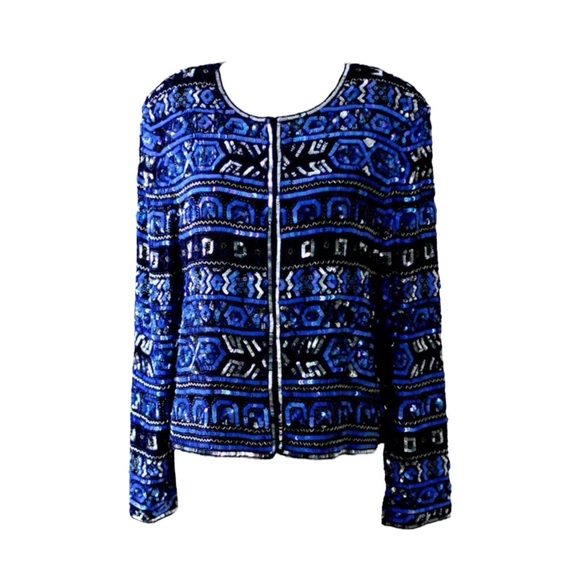 Vintage Papell Heavily Beaded Blue Jacket Geometric Sequin Formal Jacket Size 8 - Picture 4 of 14